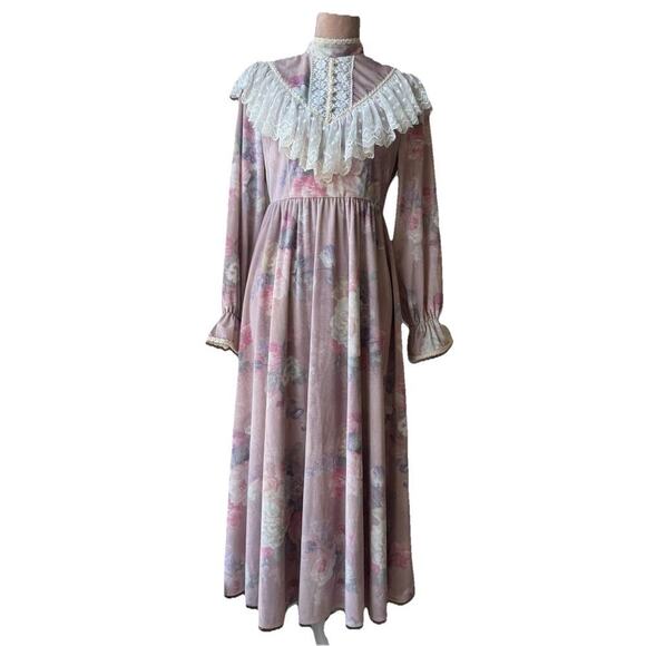 Vintage Floral Stretchy Velvet Prairie Dress M Ruffle Lace Yoke Cottagecore Maxi - Picture 5 of 13